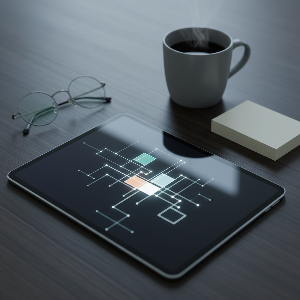 A sophisticated digital tablet lying on a dark, finely grained wooden table, its luminous screen displaying an abstract, grid-like layout representing published online articles and portfolio pieces without any readable text. Around it, a pair of simple, frameless glasses, a neat stack of index cards, and a minimalist ceramic mug in muted gray suggest deep focus and research. Overhead, cool, diffused lighting creates evenly distributed illumination with faint reflections on the tablet’s surface. Captured in photographic realism from a three-quarter top-down angle, with selective focus on the tablet and a gentle bokeh on the accessories. The atmosphere is analytical, professional, and content-driven, ideal for a “Published Work” or “Portfolio” gallery section.