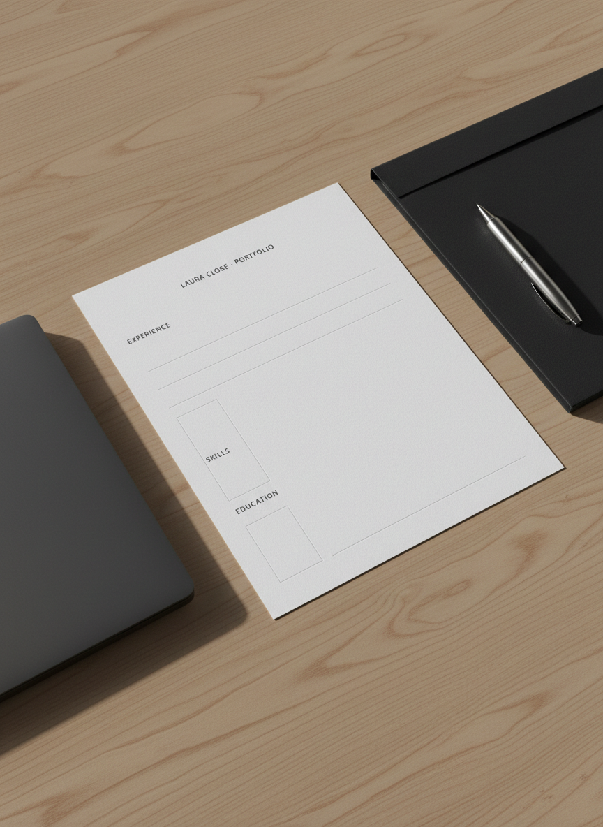 An elegant desktop layout symbolizing a professional resume and career history, centered on a pristine, unbranded sheet of thick white paper on a light oak desk, with clean, structured lines faintly visible to suggest organized sections. Nearby, a closed slim laptop, a simple matte-black folder, and a metallic pen create a cohesive, professional ensemble. Soft studio lighting from the left casts subtle gradients and gentle shadows, emphasizing textures without clutter. Shot from a slightly elevated angle with clear, photographic realism and balanced composition, the image feels orderly, trustworthy, and detail-oriented, perfect for a resume or experience section header on Laura Close’s portfolio site.